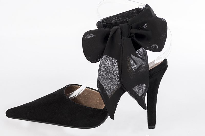Matt black women's open back shoes, with an ankle scarf. Pointed toe. Very high slim heel - Florence KOOIJMAN